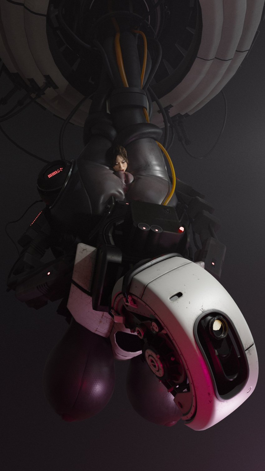 2girls 3d absurd_res anus ass big_breasts breasts brown_hair chell duo female female_only glados hanging_breasts head_between_thighs hi_res large_breasts licking licking_pussy likkezg looking_at_pussy macro macro_female mechanical nipples portal_(series) pussy robot robot_girl robot_humanoid size_difference thighs tongue tongue_out upside-down wire yuri