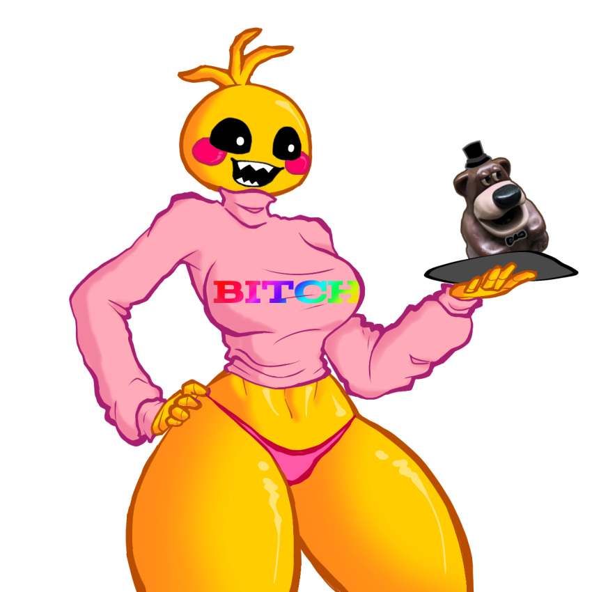 animatronic animatronic_female animatronic_girl belly breasts eyes eyes_open five_nights_at_freddy's fnaf freddy_(fnaf) meme oh_cholera_czy_to_freddy_fazbear open_mouth panties self_upload sharp_teeth sweater text_on_clothing thick_thighs toy_chica_(fnaf) wormbucket