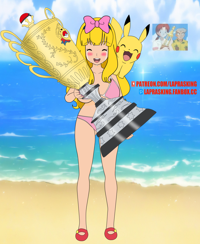 ash_ketchum ashley beach beach_background bikini blonde_hair crying female game_freak genderbent laprasking nintendo pikachu pokemon porkyman rule_63