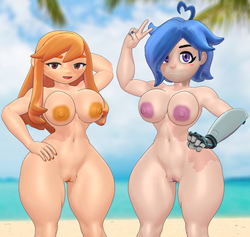 2girls 3d beach beach_background blue_hair breasts casual completely_nude completely_nude_female female female_only glitch_productions hair_over_one_eye human_meggy kabalmystic kapp-99 looking_at_viewer meggy_spletzer metal_arm mikumikudance naked naked_female nude nude_female nudism nudist nudist_beach orange_hair pale_skin peace_sign purple_eyes pussy robotic_arm smg4 tari_(smg4) youtube