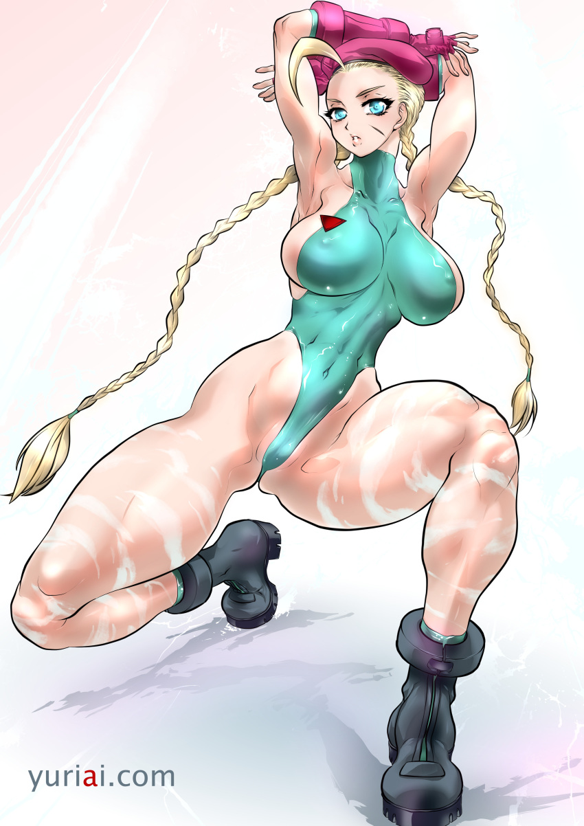 1girls abs armpits athletic_female beret blonde_hair blue_eyes cammy_white capcom female female_only fit_female gauntlets large_breasts leotard long_hair muscular_female solo street_fighter thick_thighs twin_braids twintails voluptuous yuri-ai