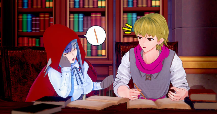 1boy 1girls 3d accident annoyed arm_support bangs belt blonde_hair book bored breasts chair closed_eyes clumsy dropping female fire_emblem fire_emblem_fates gloves grey_hair hamma_hamma holding holding_object holding_pen hood indoors large_breasts library long_hair long_sleeves male meme motion_lines multicolored_hair nintendo on_chair open_mouth pen pointy_ears purple_hair reading red_eyes ring short_hair siegbert_(fire_emblem) sitting speech_bubble velouria_(fire_emblem) wolf_girl