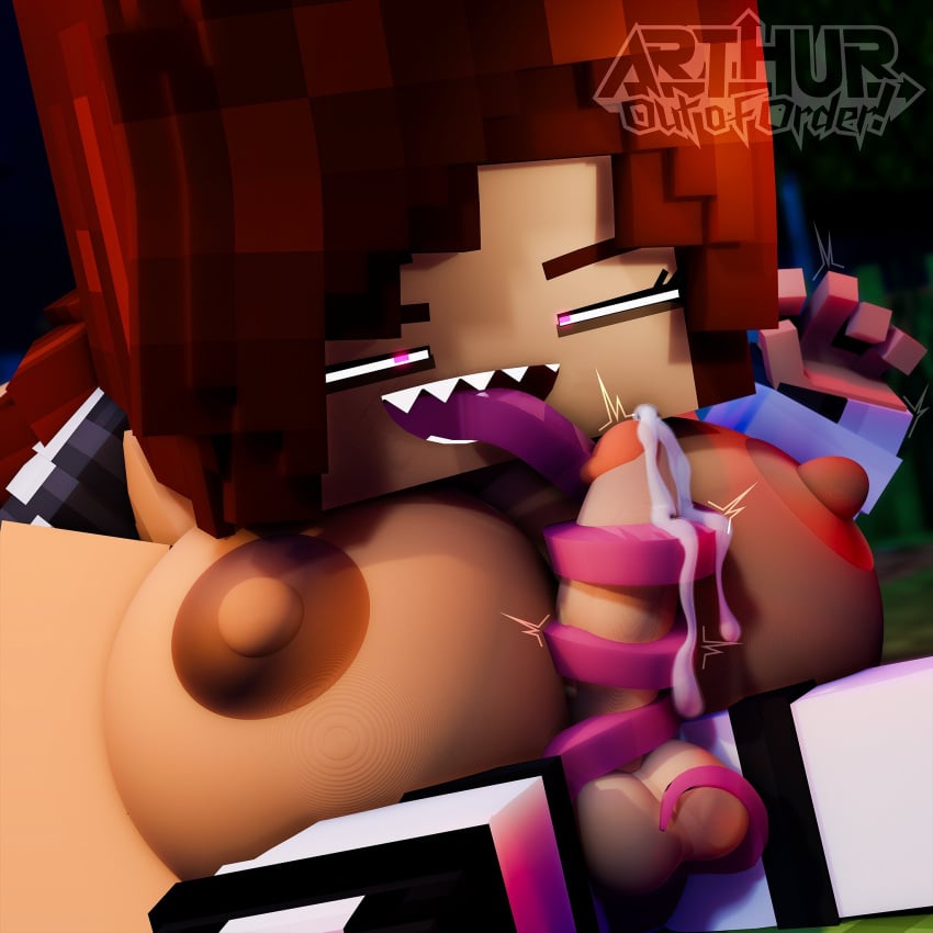 1boy 1girls 3d arthur32 big_breasts brown_hair clothed_male cum cum_in_pussy cumshot erect_nipples erect_penis female horny_female humanoid licking_penis looking_at_penis male mex_arthur_(arthur32) mine-imator minecraft no_panties nude_female open_mouth outside purple_eyes tagme tongue_out