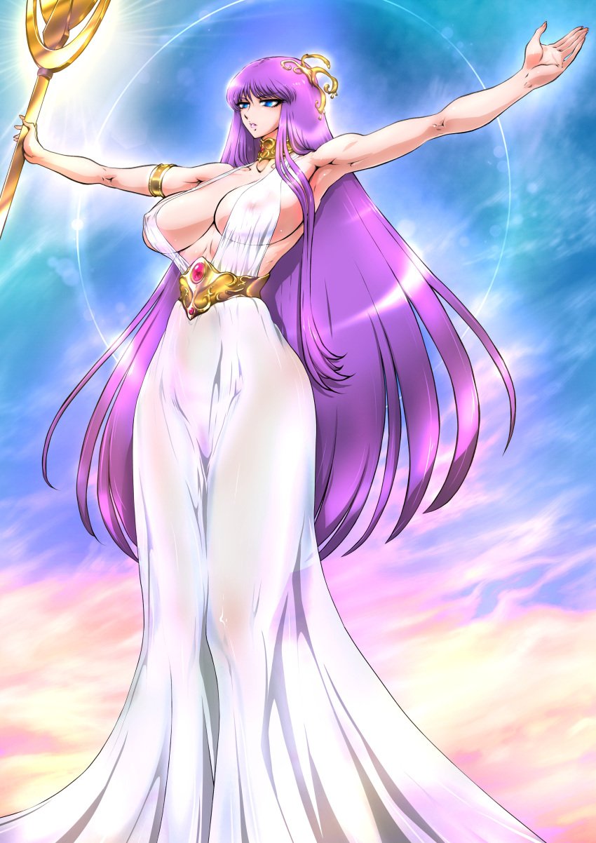 1girls athena_(saint_seiya) big_breasts breasts curvy dress erect_nipples_under_clothes female goddess high_heels large_breasts long_hair nipples no_bra no_panties no_underwear pale-skinned_female pale_skin purple_hair saint_seiya saori_kido shoes shounen_jump solo thick_thighs voluptuous wide_hips yuri-ai