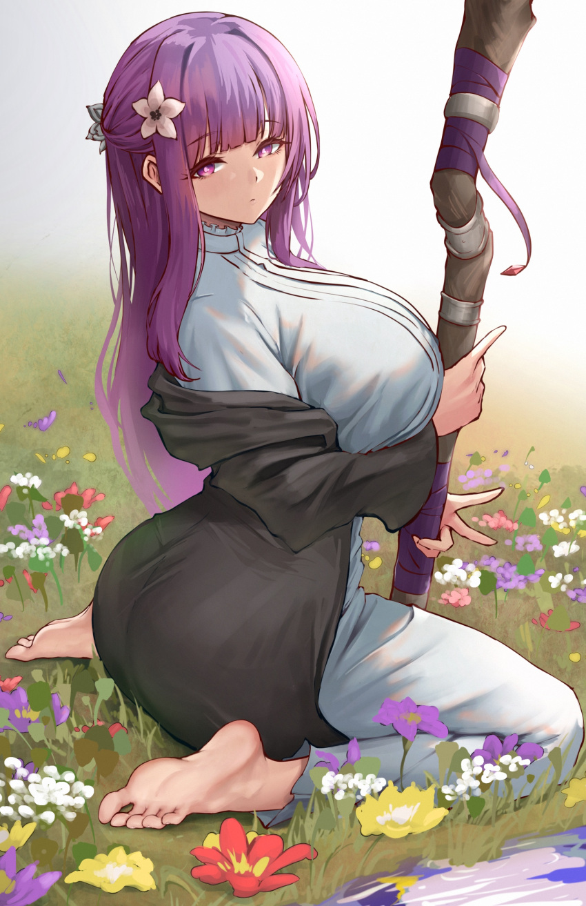 absurdres barefoot big_ass big_breasts black_robe breasts bright_pupils commentary dress duchessofarmeria female fern_(sousou_no_frieren) field flower flower_field hair_flower hair_ornament highres holding holding_staff huge_ass huge_breasts long_hair looking_at_viewer looking_to_the_side outdoors purple_eyes purple_hair robe sitting soles solo sousou_no_frieren staff toes v very_long_hair wariza white_dress white_pupils