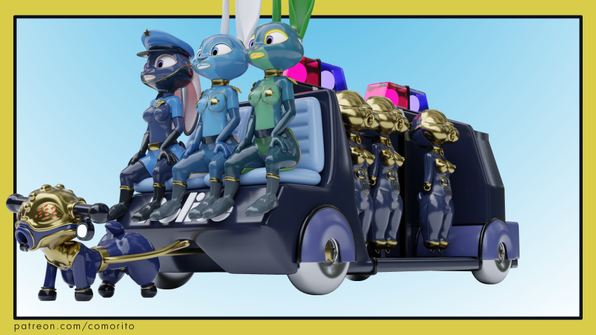 3d_(artwork) absurd_res amputee anthro blender_(software) car clothing collar comorito digital_media_(artwork) disability disney female group hi_res inflated_belly judy_hopps lagomorph latex leporid mammal metal_collar metal_mask petplay police_badge police_car police_uniform quadruple_amputee rabbit roleplay uniform vehicle zootopia