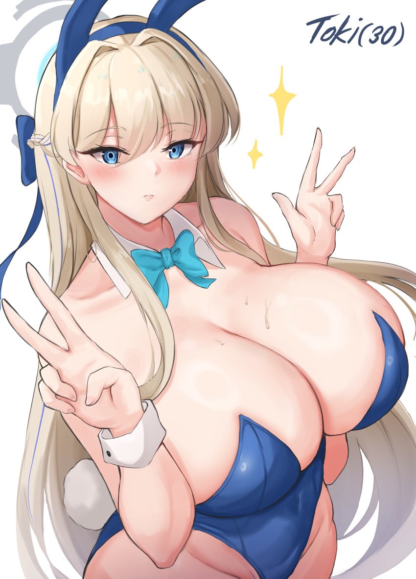 1girls big_breasts blue_archive blue_eyes breasts bunny_ears bunny_girl bunnysuit busty curvaceous curvy curvy_body curvy_female curvy_figure double_v female huge_breasts large_breasts long_hair millennium_science_school_student minori_(user_eket5233) peace_sign toki_(blue_archive) toki_(bunny)_(blue_archive) voluptuous