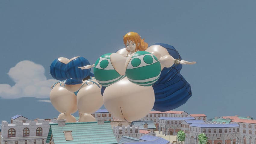 air_inflation artist_request ass balloon_fetish balloon_transformation belly_expansion belly_inflation female female_only hourglass hourglass_expansion hourglass_figure huge_ass inflation nami nami_(one_piece) nico_robin no_pants no_skirt one_piece panties post-timeskip spherical_inflation