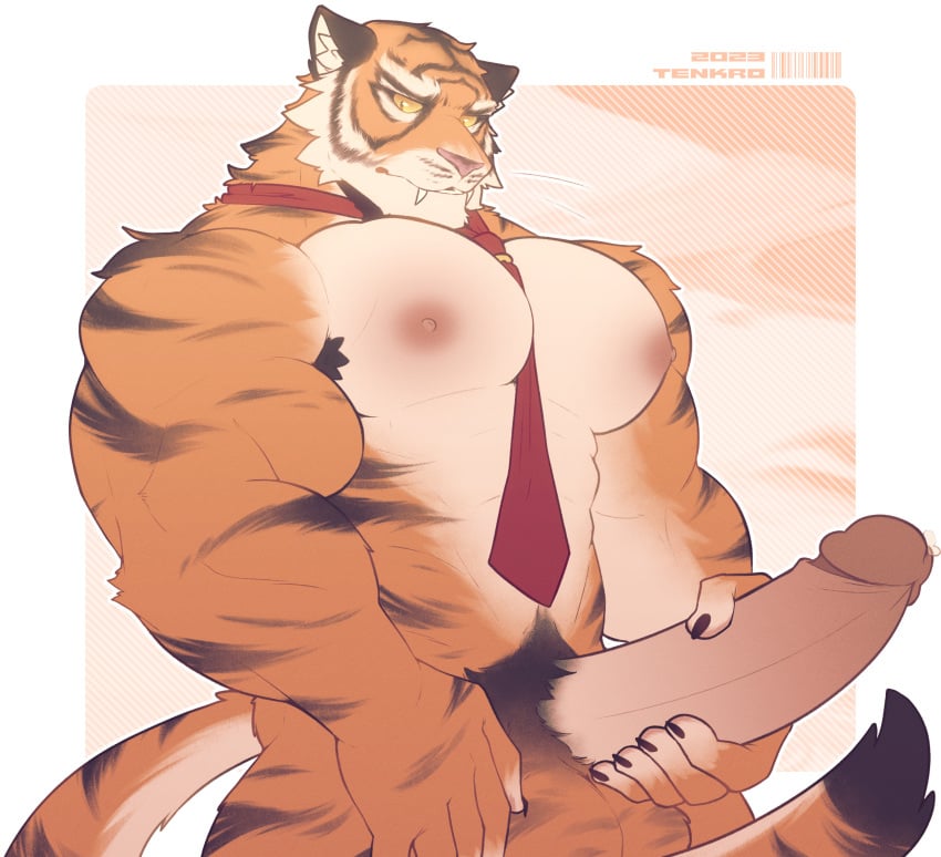 1boy abs absurdres adtenkro animal_ears bara between_pectorals cowboy_shot erection fangs fortnite from_side furry furry_male girthy_penis highres huge_cock huge_pectorals large_pectorals male_focus male_only male_pubic_hair manboobs mature_male muscular muscular_male naked_necktie navel necktie necktie_between_pectorals nipples orange_fur oscar_(fortnite) pectorals penis penis_grab pubic_hair short_hair solo tail tenkro thick_eyebrows tiger_boy tiger_ears tiger_tail uncensored white_fur