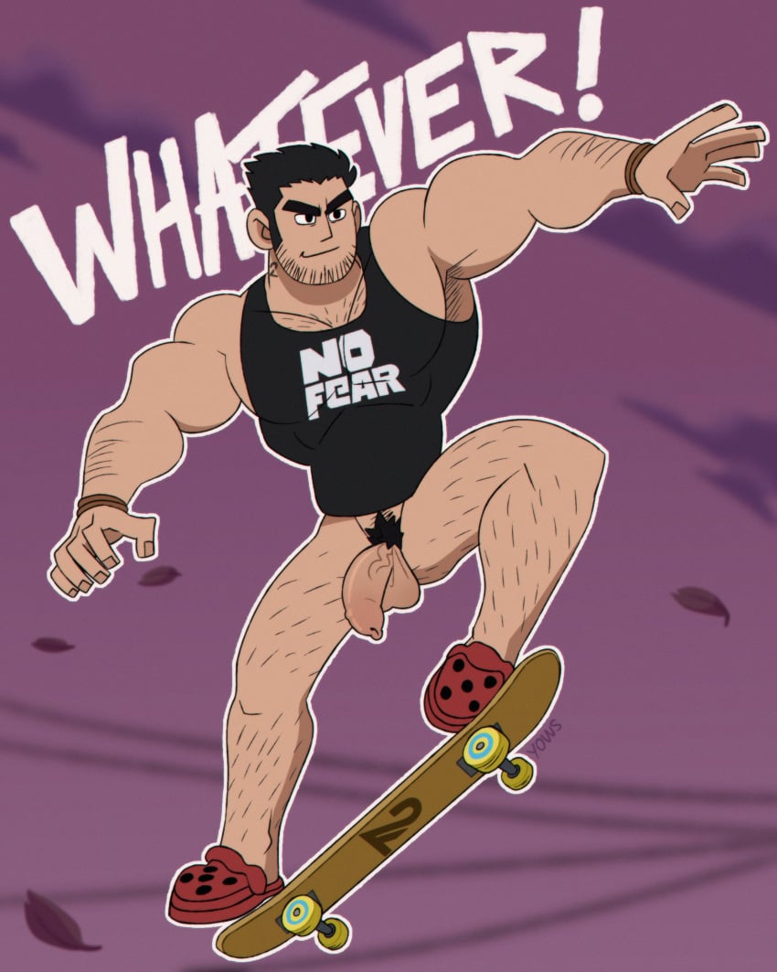 1boy absurdres armpit_peek bara beard_stubble black_hair black_tank_top bottomless clothes_writing flaccid foreskin full_body highres huge_eyebrows large_pectorals legs_apart looking_ahead lucas_lee male_focus male_only male_pubic_hair midair muscular muscular_male pectorals penis pubic_hair scott_pilgrim scott_pilgrim_takes_off shirt short_hair skateboarding smile solo sparse_chest_hair sparse_leg_hair tank_top tight_clothes tight_shirt v-taper yows_(artyows)