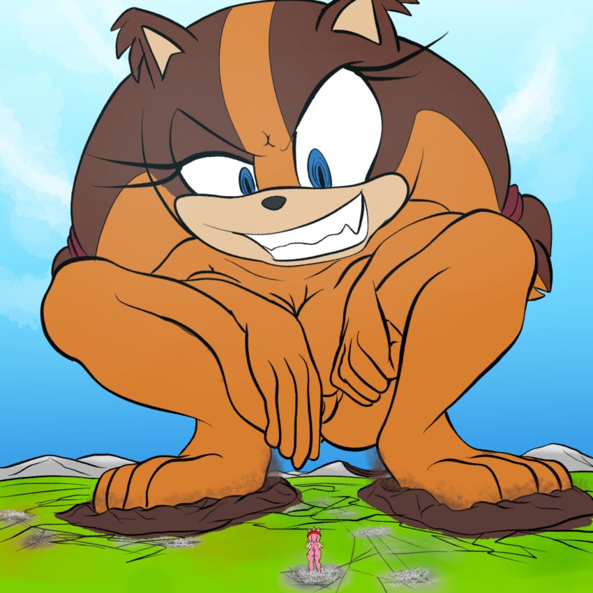 amy_rose anthro extreme_size_difference fang fangs female female_only furry general_godzilla giantess landscape_dwarfing larger_female macro micro nude smug smug_smile sonic_(series) squatting sticks_the_badger sticks_the_jungle_badger sticks_the_tejon teeth