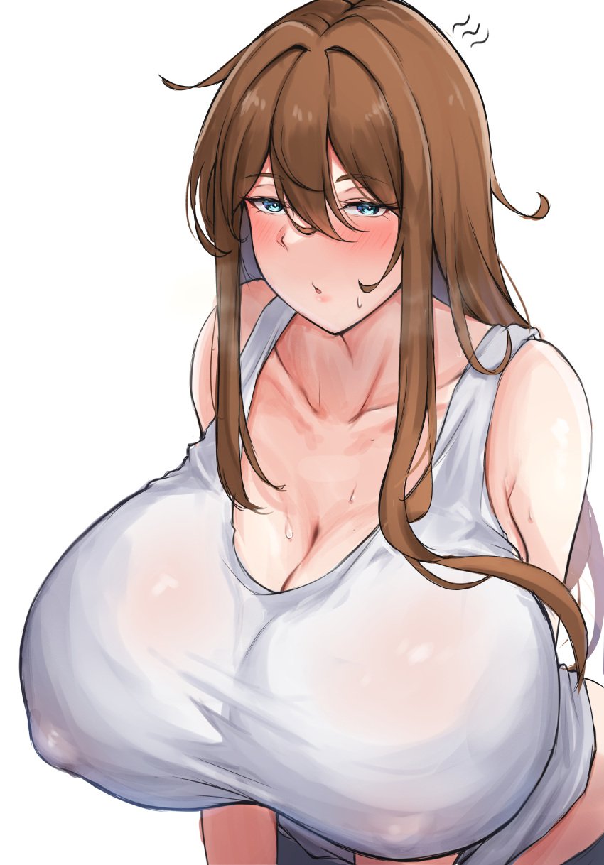 1girls big_breasts blue_eyes breasts brown_hair busty cleavage curvaceous curvy curvy_body curvy_female curvy_figure female huge_breasts large_breasts long_hair minori_(user_eket5233) original original_character voluptuous white_background