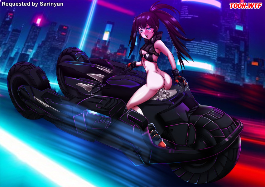 1girls 2023 ass bbmbbf bikini_top black_hair black_rock_shooter black_rock_shooter_(character) black_rock_shooter_dawnfall blue_eyes bra commission commissioner_upload cyberpunk dildo dildo_bike dildo_in_pussy female_only gloves looking_pleasured motorcycle open_mouth palcomix partially_clothed pussy_juice small_breasts solo tagme toon.wtf twintails vaginal_penetration