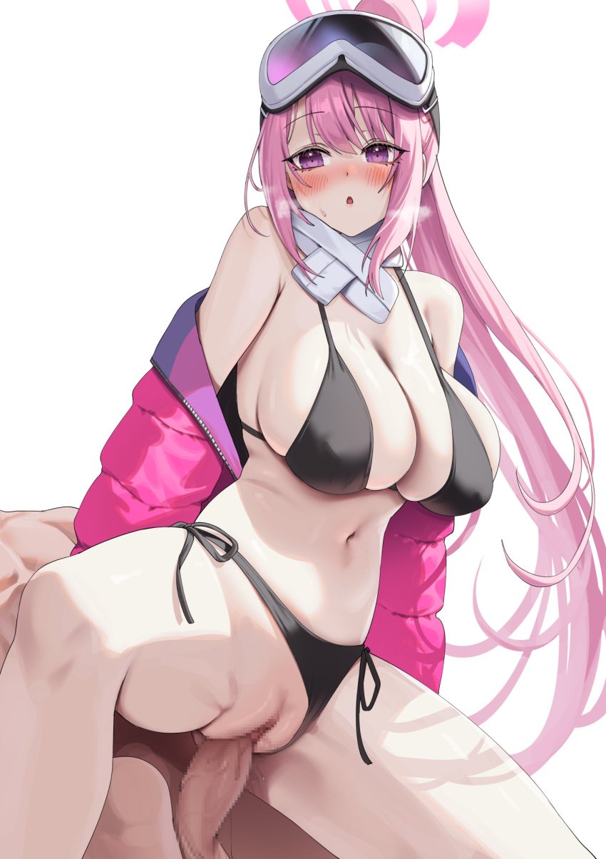 1boy :o bare_shoulders bikini black_bikini blue_archive blush breasts censored cleavage clothing_aside eimi_(blue_archive) eimi_(swimsuit)_(blue_archive) eyewear_on_head female goggles goggles_on_head halo highres jacket large_breasts long_hair long_sleeves millennium_science_school_student mosaic_censoring off_shoulder official_alternate_costume open_clothes open_jacket open_mouth penis pink_hair pink_halo ponytail pussy sex sex_from_behind simple_background spread_legs straight super_phenomenon_task_force_(blue_archive) swimsuit vaginal_penetration very_long_hair white_background yampa