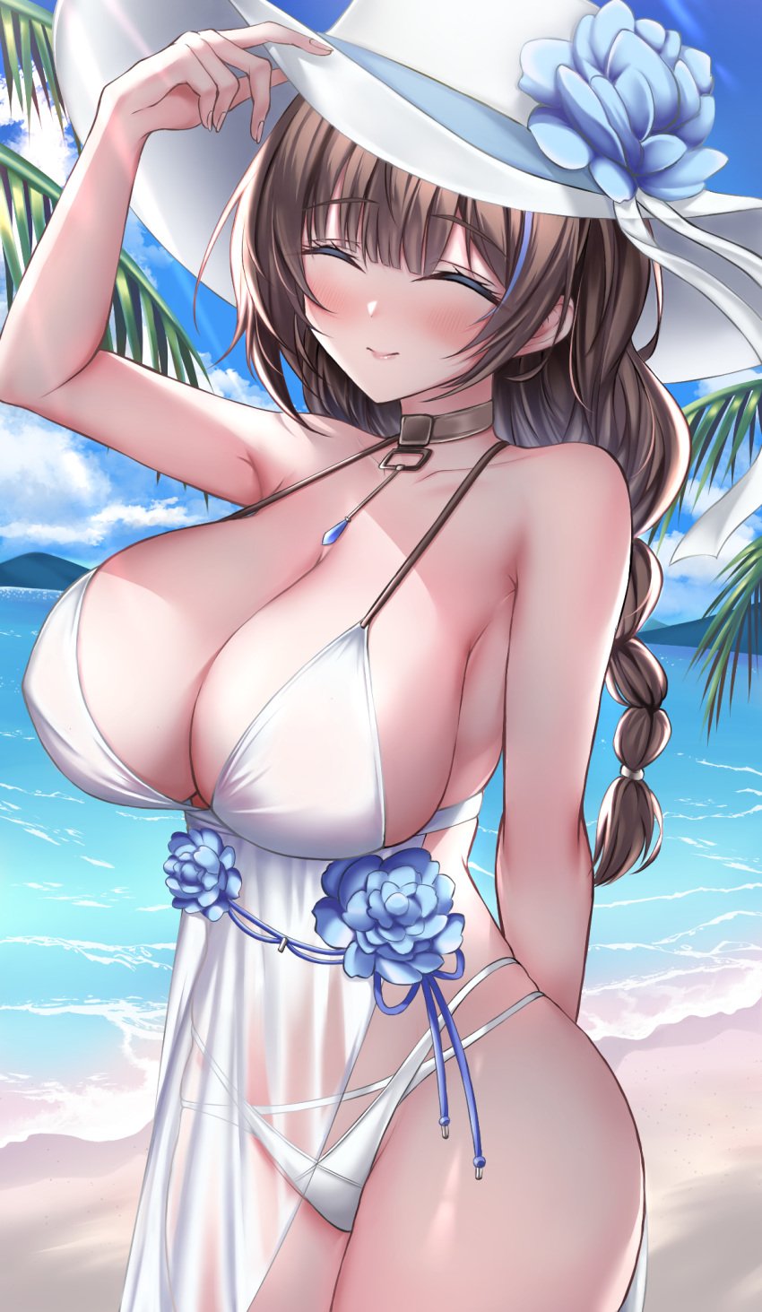 1girls armpits bare_shoulders beach bikini black_hair blue_hair blush braid breasts cleavage closed_eyes cowboy_shot flower goddess_of_victory:_nikke hat huge_breasts image long_hair mary_(bay_goddess)_(nikke) mary_(nikke) one_arm_up plant seaside sideboob smile solo solo_female streaked_hair swimsuit tree uma_cha_(teatime) underwear water white_bikini