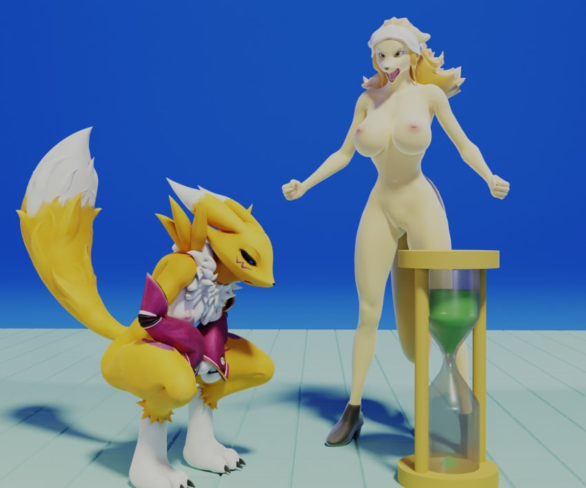 accessory anthro bandai_namco big_breasts breasts canid canine clothing digimon digimon_(species) dragon_ball dragon_ball_z duo female female_only footwear fox genitals gloves handwear headband hi_res honigkuchenpferd hourglass_(object) mammal meme minkmen_(one_piece) mostly_nude one_piece pussy renamon shoes tail wanda_(one_piece)