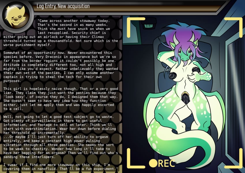 2023 2_horns anthro big_breasts breasts dragon emanuela_(dragonmaster2653) english_text female green_body green_scales hair hi_res hip_wings horn multicolored_body multicolored_scales nipple_outline pasties purple_hair recording scales scalie snowleandre_(artist) solo story story_in_description tail tan_body tan_scales text tongue tongue_out two_tone_body two_tone_scales wings