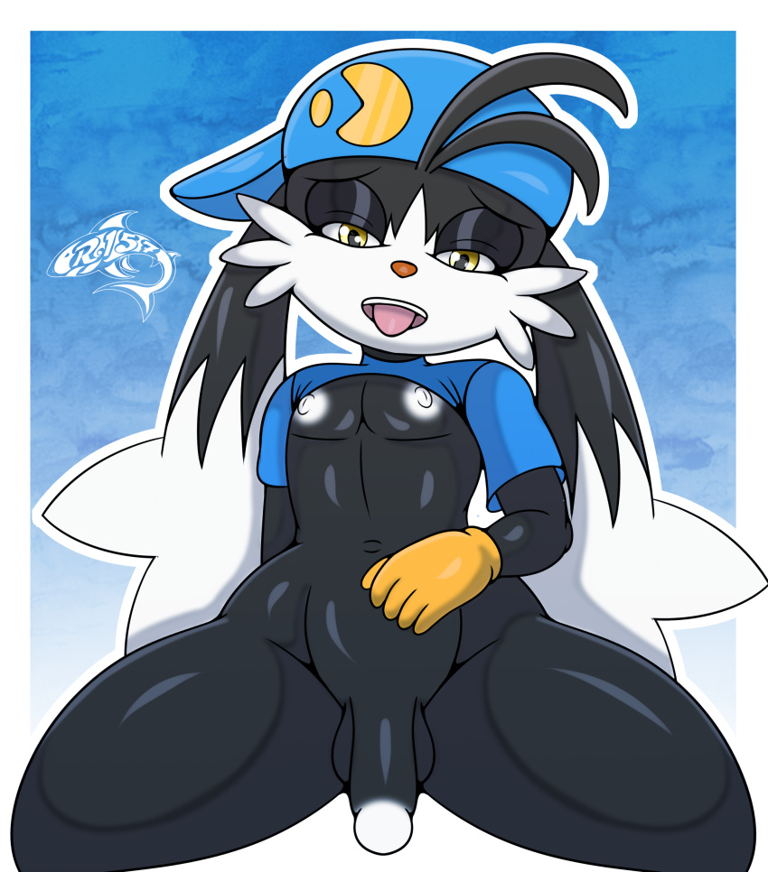 absurd_res anthro backwards_baseball_cap backwards_hat balls bandai_namco baseball_cap clothed clothing felid feline femboy genitals girly hat headgear headwear hi_res humanoid_genitalia humanoid_penis hybrid klonoa klonoa_(series) kneeling looking_at_viewer male male_only mammal mostly_nude nipples penis raised_clothing raised_shirt raised_topwear renegade-157 shirt solo thick_thighs tongue tongue_out topwear wide_hips