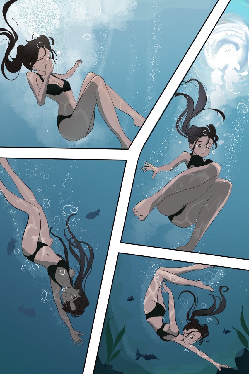 1girls air_bubbles covering_mouth diving female holding_breath marima666_(artist) swimming swimsuit tagme underwater