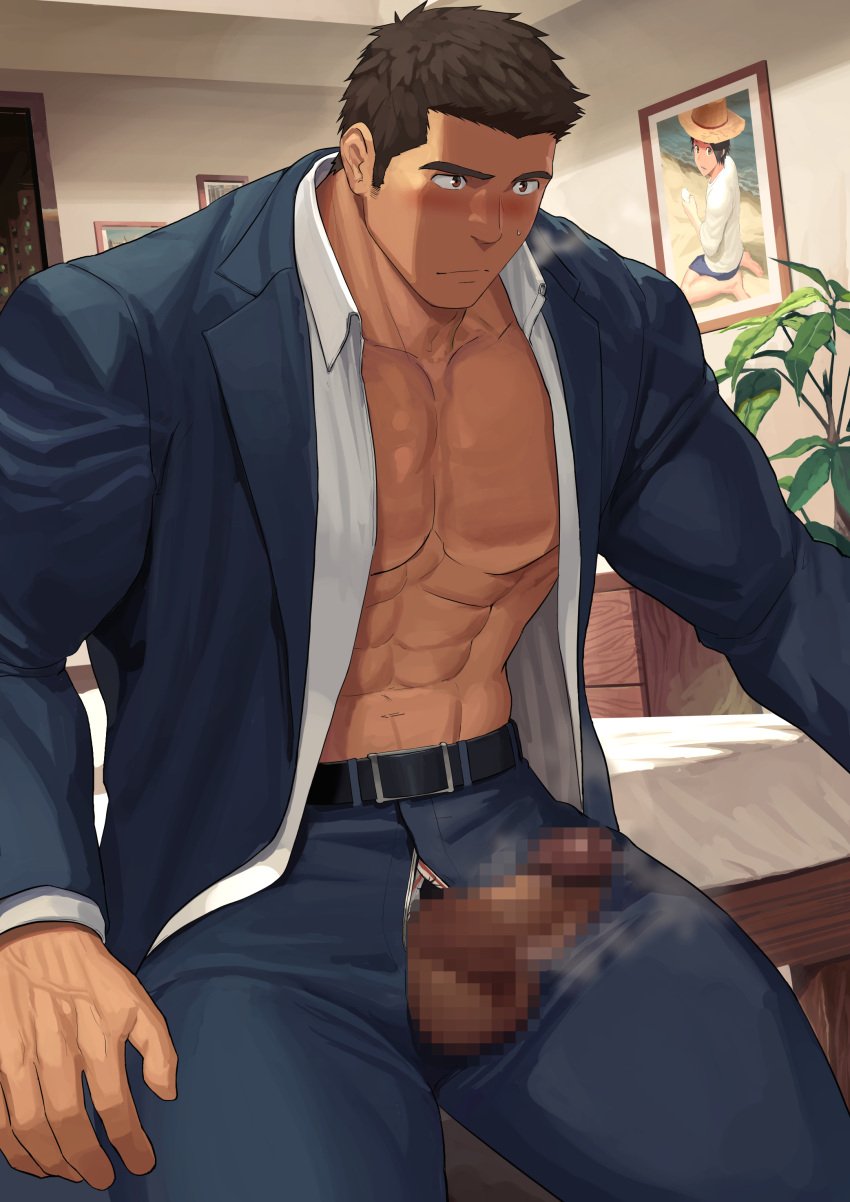 1boy abs absurdres bara belt black_belt black_hair black_jacket black_pants blush censored closed_mouth collared_shirt dainyuu_(dgls) erection highres jacket large_pectorals male male_focus male_only mosaic_censoring muscular muscular_male navel open_clothes open_jacket open_pants open_shirt original pants pectorals penis shirt short_hair solo suit testicles white_shirt