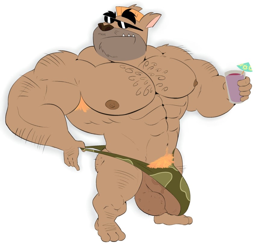 abe_waton abs anthro balls big_balls body_hair bottomwear breasts bulge camo camo_bottomwear camo_clothing camo_print cartoon_network chest_hair clothing eyewear genitals gulonine hi_res male male_focus mammal muscular muscular_anthro muscular_male mustelid musteline my_gym_partner's_a_monkey nipples pattern_bottomwear pattern_clothing penis pubes solo sunglasses superintendent_wolverine thick_penis thick_thighs thong underwear wolverine