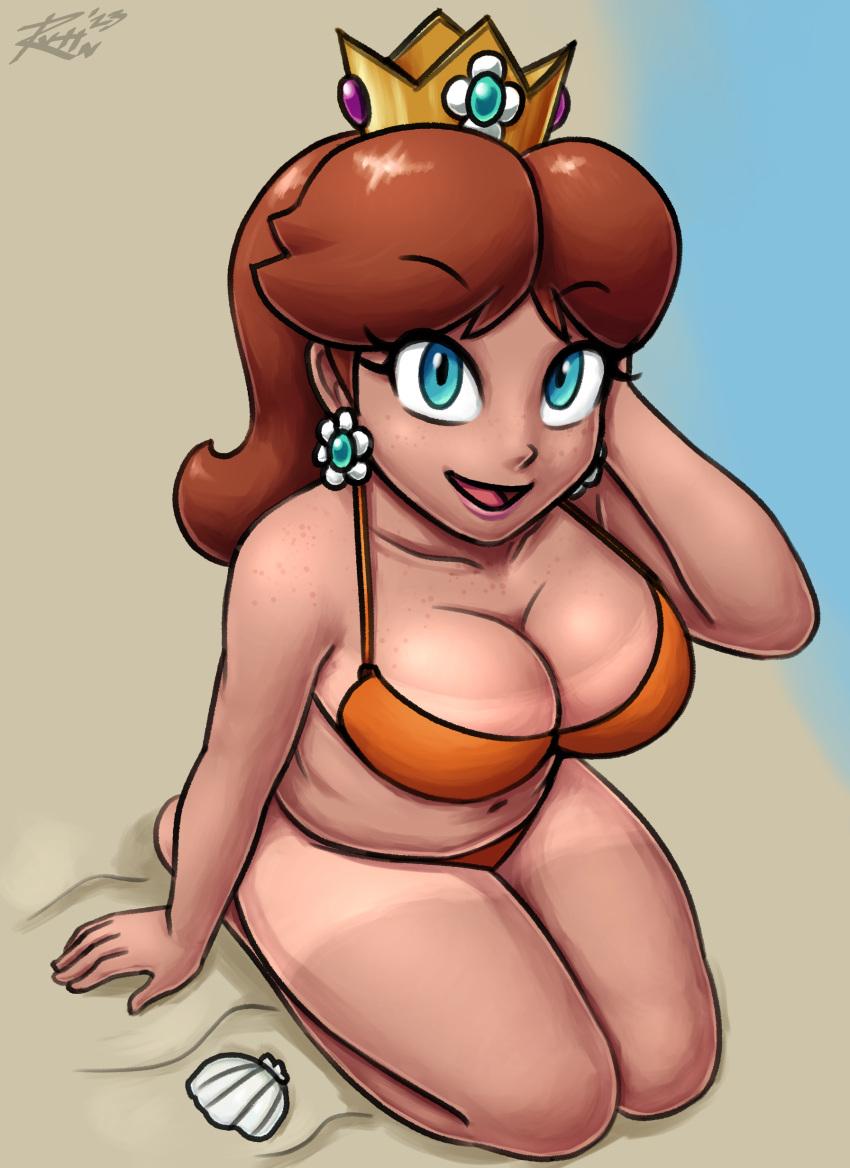 1girls alternate_version_available big_breasts bikini bikini_bottom bikini_tan bikini_top blue_eyes bottomwear breasts brown_hair cleavage crown ear_piercing earrings female female_only freckles freckles_on_chest freckles_on_face hair headwear huge_breasts lips mario_(series) nintendo orange_bikini princess_daisy revtilian shell smile solo solo_female soubriquetrouge tan tan_body tanline tanlines tanned tanned_skin thick_thighs thighs topwear