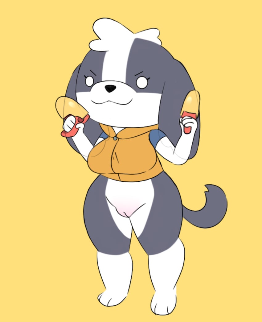 :3 anthro big_breasts bottomless bottomless_anthro bottomless_female breasts canid canine canis clothed clothing cute_expression dogs_in_space domestic_dog female fur genitals hi_res holding_object holding_weapon mammal netflix nomi_(dogs_in_space) pussy shih_tzu short_stack solo sssoulseal tail thick_thighs topwear topwear_only toy_dog weapon wide_hips