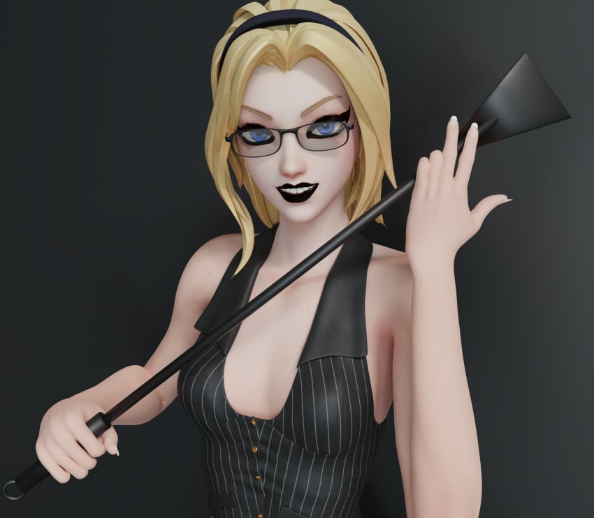 1girls black_lipstick blonde_hair blue_eyes clothed female fit_female glasses goth goth_girl kinkyleague3d league_of_legends looking_at_viewer luxanna_crownguard riding_crop solo_female