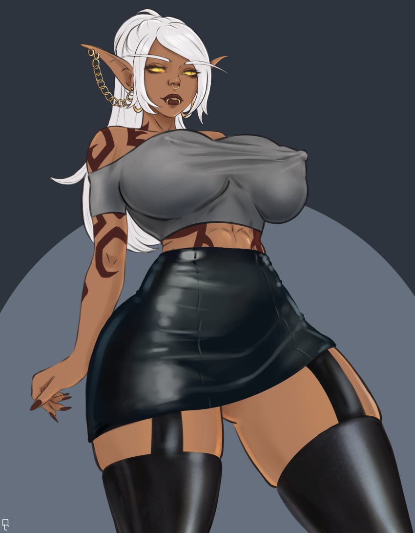 1girls 2023 2d abs areolae bare_shoulders belly_button big_breasts big_earrings blood_elf body_markings breasts breasts_out commission crop_top dark_lipstick dark_skin earring earrings elf elf_ears eyebrows_through_hair female female_focus female_only from_below front_view fully_clothed garter_straps hands-free huge_breasts humanoid large_breasts leather_clothing leather_skirt lip_piercing lipstick looking_at_viewer miniskirt naked nipples nose_piercing nude oc open_clothes original painted_nails pointy_ears ponytail qaitoi simple_background solo solo_female standing tattoo tattoo_on_arm tattoo_on_belly tattooed_arm tattoos thick_thighs tied_hair warcraft white_hair world_of_warcraft wow yellow_eyes