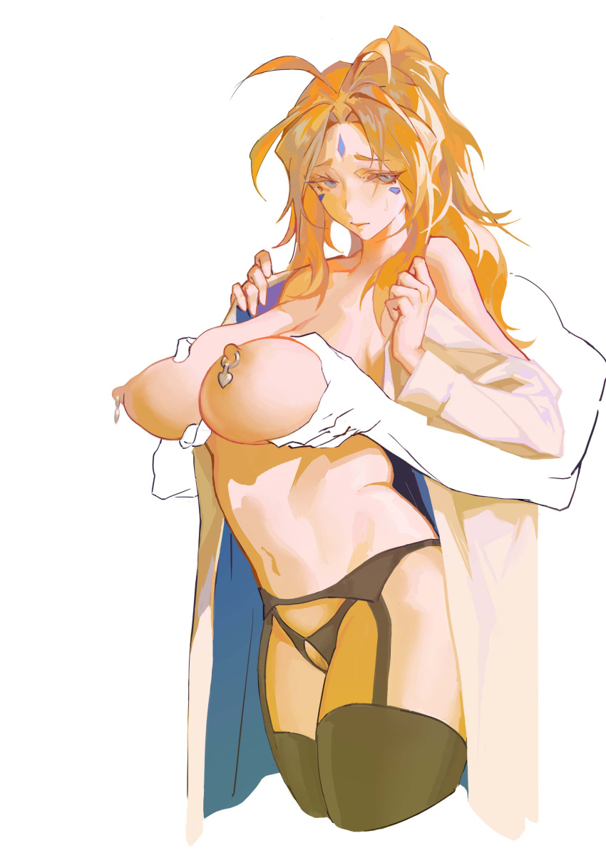 1girls absurdres belldandy big_breasts breasts crotchless crotchless_panties disembodied_limb facial_mark female forehead_mark garter_belt goddess grabbing grabbing_another's_breast guiguz highres large_breasts long_hair long_sleeves mature milf naked_shirt nipple_piercing nipples oh_my_goddess! pale-skinned_female pale_skin panties piercing shirt thick_thighs thighhighs underwear wide_hips