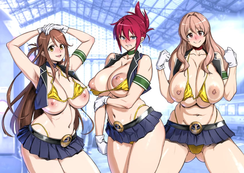 2023 3girls alternate_costume alternate_version_available areola armpits arms_up ass_visible_through_thighs belly big_breasts bikini bikini_bottom bikini_top bikini_top_undone blush bobobo breasts brown_eyes brown_hair cleavage collarbone embarrassed female female_only gloves hands_on_head hands_on_own_head highleg_bikini highleg_bikini_bottom iida_nana koumi_haruka looking_at_viewer microskirt miniskirt multiple_girls navel nipples outdoors outside rail_wars! red_hair sakurai_aoi skirt standing thick_thighs thighs uniform white_gloves wholesome yellow_bikini yellow_bikini_bottom yellow_bikini_top yellow_eyes