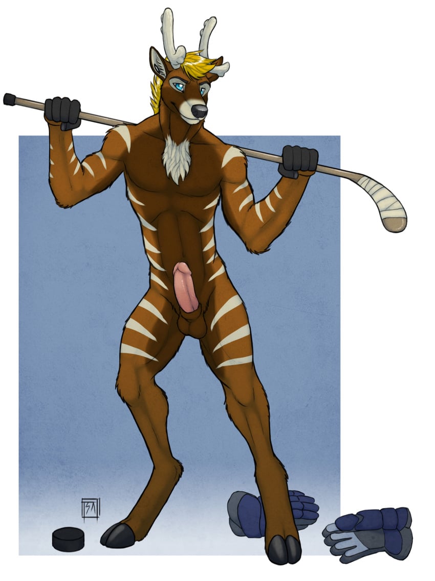 anthro antlers balls buck cervine deer divio furry hockey hockey_gloves hockey_puck hockey_stick hooves horn male male_only no_humans nude penis reindeer solo stripes tsaiwolf