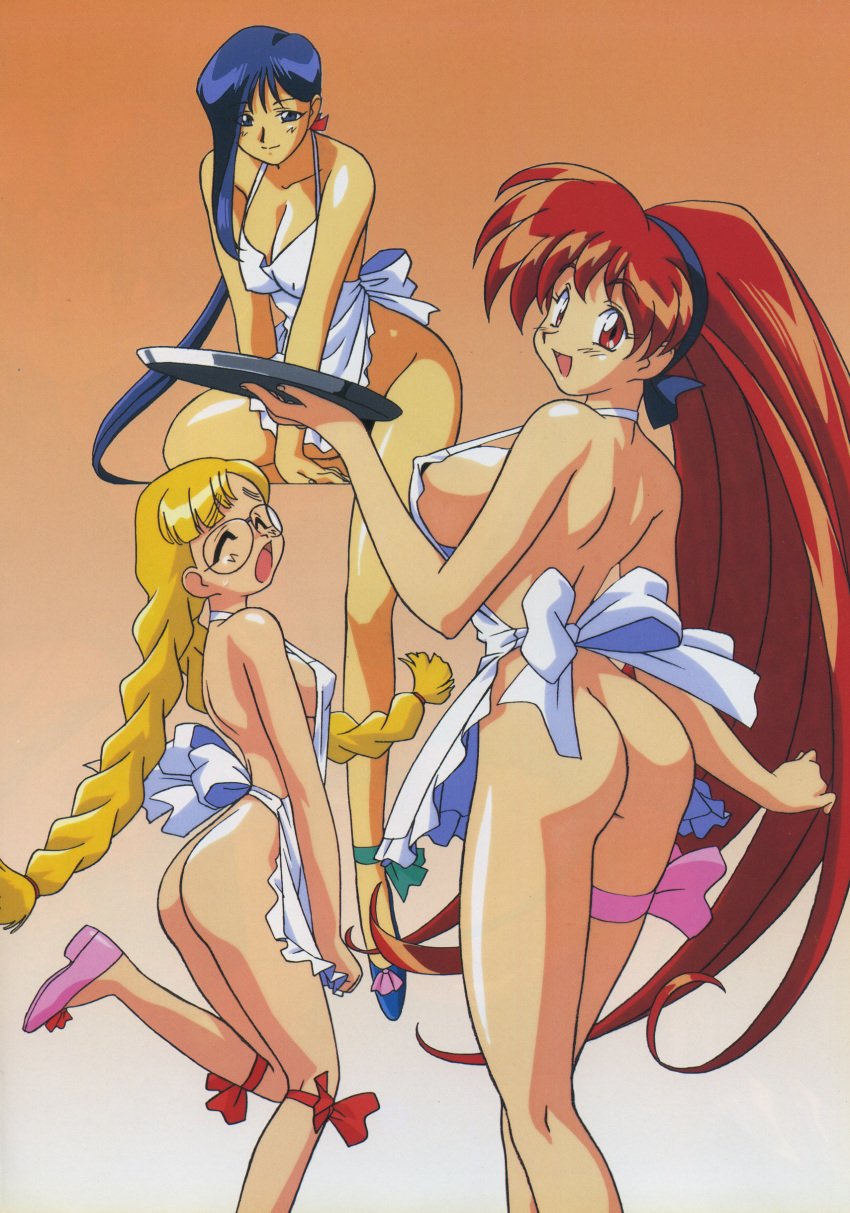 3girls 90s absurd_res akira_(viper) ankle_ribbon apron ass back big_ass blonde_hair blue_eyes blue_hair bow braid breasts cleavage closed_eyes covering embarrassed eyebrows_visible_through_hair feet female female_only frilled_apron frills glasses gradient_background hair_ribbon heels highres holding_tray karin_(viper) kimura_takahiro large_breasts legwear long_hair long_ponytail looking_at_viewer looking_back low_ponytail matching_hair/eyes medium_breasts multiple_girls naked_apron nipple_bulge official_art open_mouth orange_background plate ponytail raised_leg red_eyes red_hair ribbon saki_(viper) scan sideboob simple_background sitting smile sogna standing thigh_ribbon thigh_strap tied_hair tongue tray twin_braids twintails very_long_hair viper_(series) viper_v16