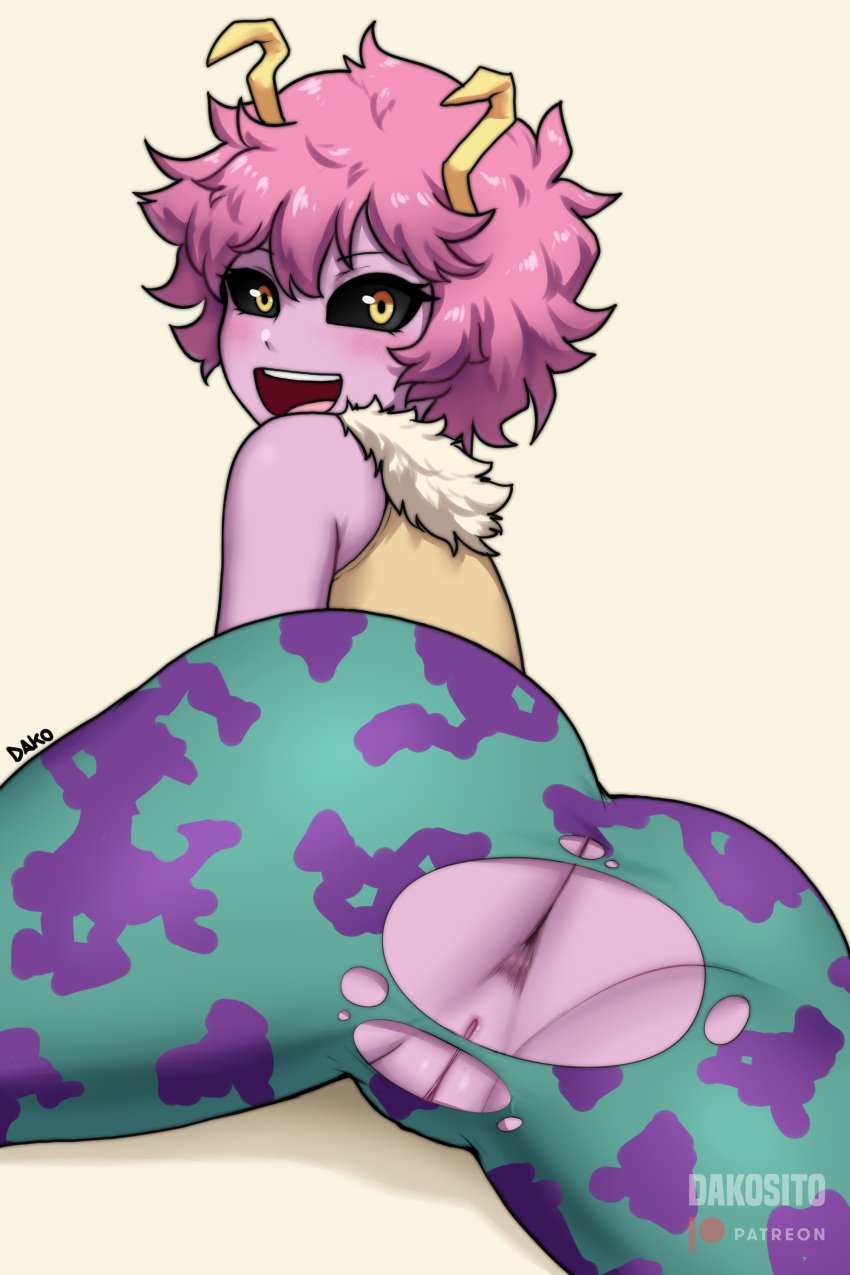 1girls anus ass ass_focus big_ass black_sclera clothing dako dakosito exposed_ass female female_only hair hero_outfit_(mha) horns huge_ass looking_back mina_ashido my_hero_academia pink_body pink_hair pink_skin pussy ripped_clothing solo solo_female vagina yellow_eyes