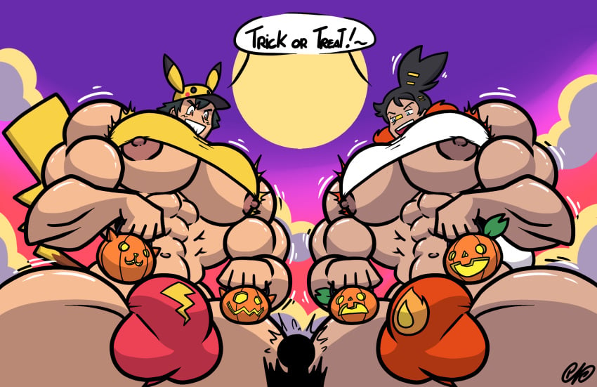 2boys ash_ketchum big_muscles big_pecs big_penis bulge goh_(pokemon) halloween human hyper_penis muscular_male pikachu_(cosplay) pokemon rottenheart6 scorbunny_(cosplay) tagme