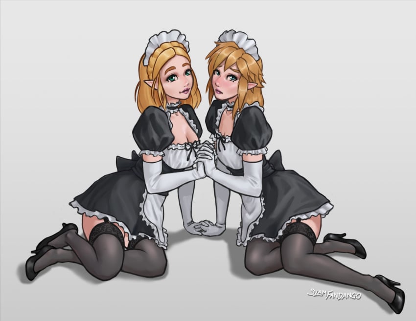 1boy1girl clothed crossdressing elf_ears embarrassed female femboy fully_clothed gloves handholding high_heels hylian hylian_ears link lipstick maid maid_apron maid_headdress maid_outfit maid_uniform male princess_zelda sfw short_hair sissy slamfandango tears_of_the_kingdom the_legend_of_zelda thighhighs trap zelda_(tears_of_the_kingdom)