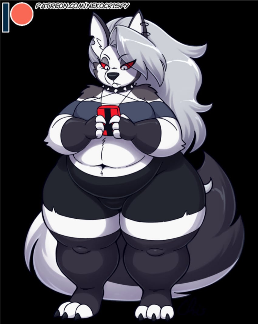 1girls alternate_body_type animal_ears anthro bbw belly big_belly big_breasts breasts canid canid_demon cleavage clothed clothing female furry helluva_boss loona_(helluva_boss) nekocrispy overweight overweight_female red_eyes red_sclera solo tail thick_thighs thigh_highs white_fur white_hair wide_hips