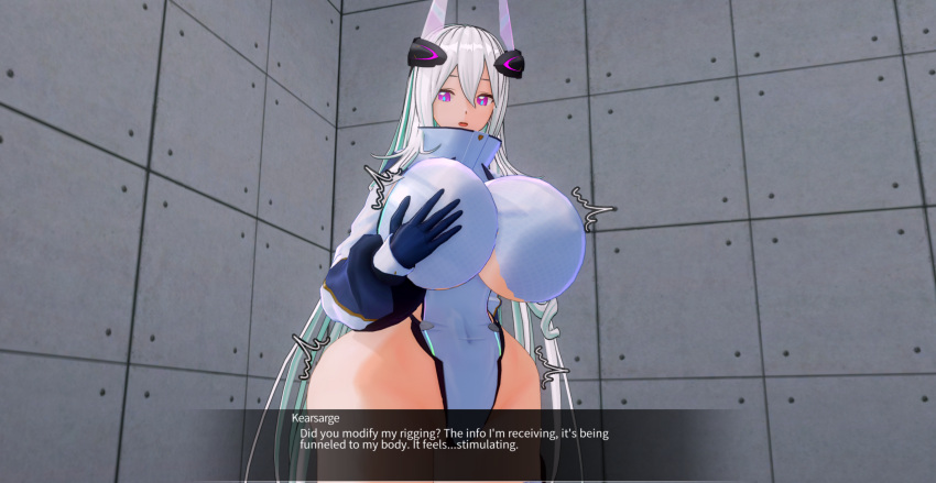 1girls ass_expansion azur_lane breast_expansion com3d2 custom_maid_3d_2 dialogue dialogue_box felipehessi hand_on_breast hourglass_expansion kearsarge_(azur_lane) looking_at_viewer motion_lines solo solo_female tagme white_hair