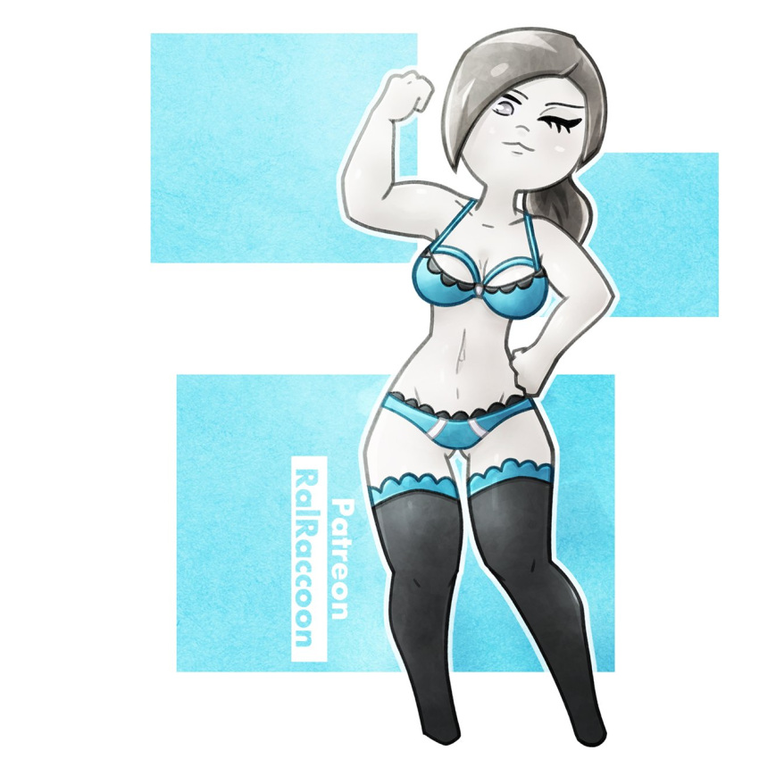 1girls breasts chibi clavicle flexing flexing_bicep lingerie navel no_feet posing quirogaart simple_background solo solo_female thighhighs wii_fit_trainer winking_at_viewer