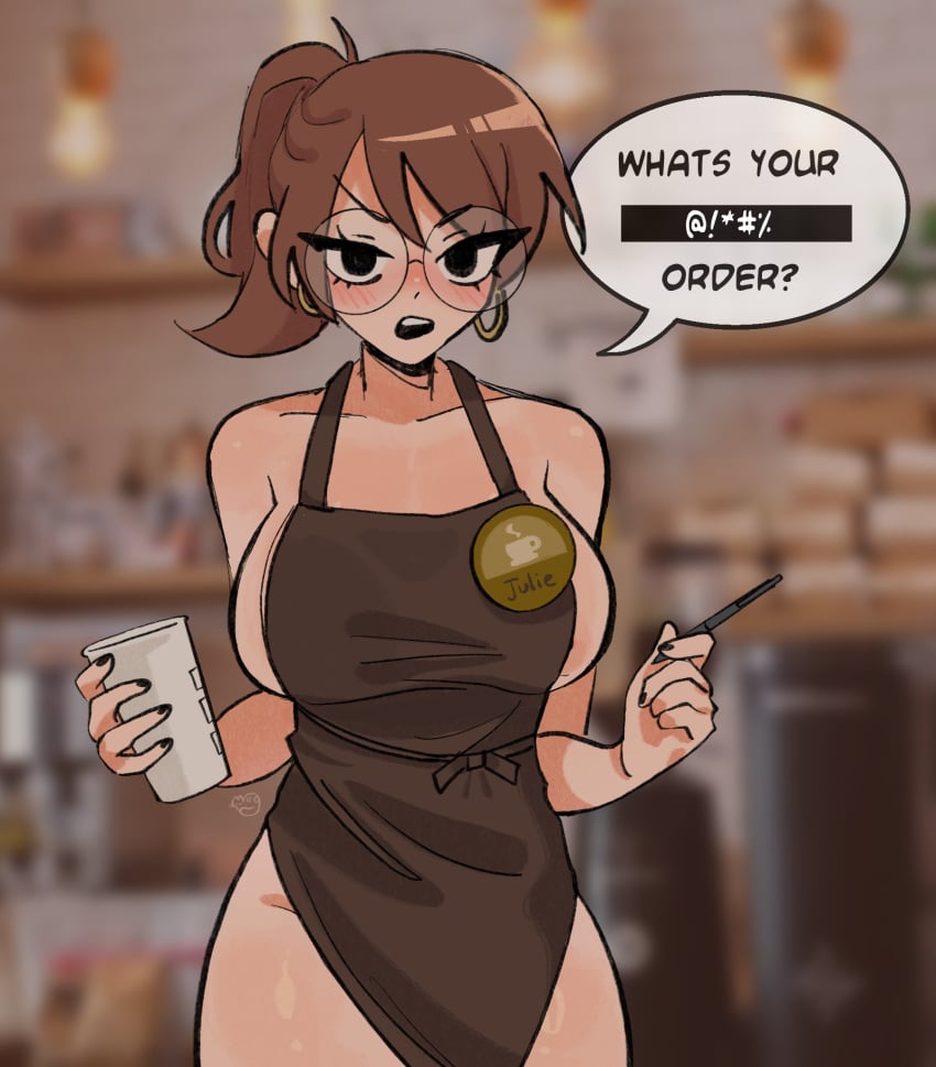 1girls apron apron_only bare_shoulders barista big_breasts blush blushing breasts brown_hair brunette_hair busty cafe casual cursing english_text eyewear female female_only glasses hips human iced_latte_with_breast_milk julie_powers large_breasts light-skinned_female light_skin megrocks outerwear pale_skin public round_glasses scott_pilgrim swearing text thighs tied_hair workplace