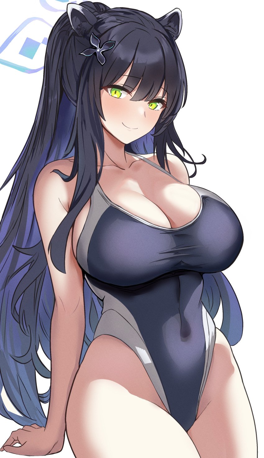 1girls animal_ears big_breasts black_hair blue_archive blue_swimsuit breasts cleavage clothing female female_only green_eyes halo huge_breasts metsu_end one-piece_swimsuit plum_blossom_garden_(blue_archive) ponytail shanhaijing_secondary_school_student shun_(blue_archive) smile solo solo_female swimsuit swimwear thighs