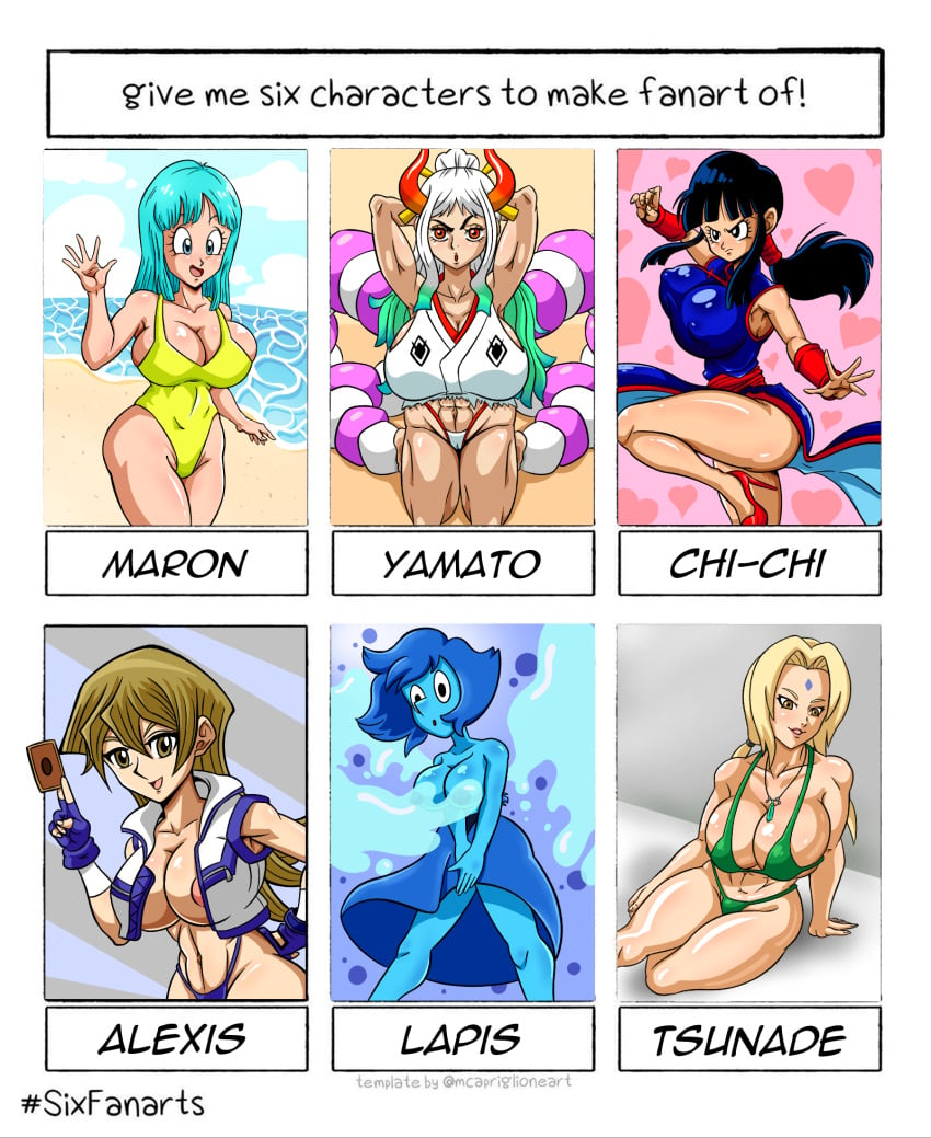 alexis_rhodes big_breasts bikini black_hair blonde_hair blue_eyes blue_hair blue_skin brown_eyes cartoon_network chichi dragon_ball dragon_ball_z female female_only gem_(species) lapis_lazuli_(steven_universe) maron milf naruto naruto_(series) naruto_shippuden nip_slip one_piece pinup six_fanarts_challenge steven_universe superspacewarrior thick_thighs tsunade white_hair yamato_(one_piece) yu-gi-oh! yu-gi-oh!_arc-v