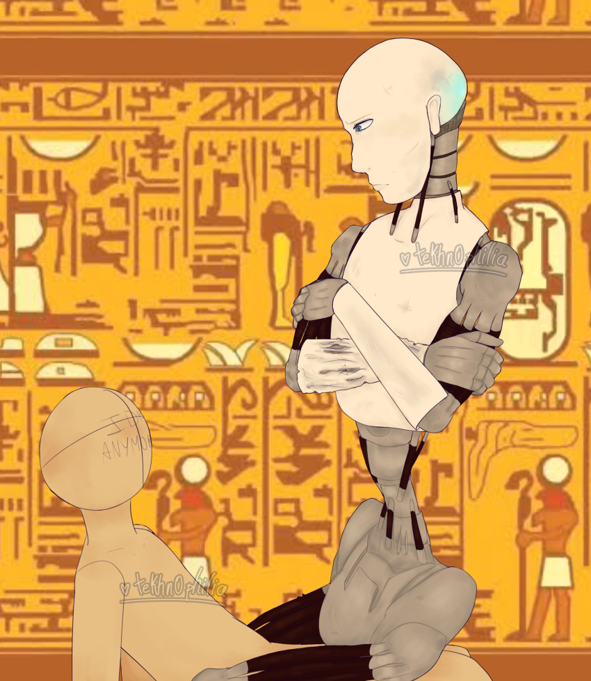 1boy ambiguous_gender angry_sex ankha_ride_(minus8) annoyed annoyed_expression annoyed_face bald blue_eyes blush cowgirl_position crossed_arms gay hairless human_on_robot i,_robot implied_sex interspecies joke mechanical metallic_body no_hair robot robot_boy robot_humanoid robot_on_human self_upload slight_blush sonny_(i,_robot) tekhn0philia_(artist) thighs watermark what white_body white_skin white_skinsuit