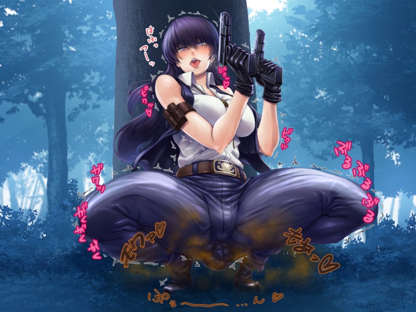 1girls black_lagoon blue_hair blush eyes_rolling_back fart fart_cloud farting female pistol pleasure_face potatopanicking roberta_cisneros scat soiling soiling_clothing soiling_pants solo squatting tongue_out