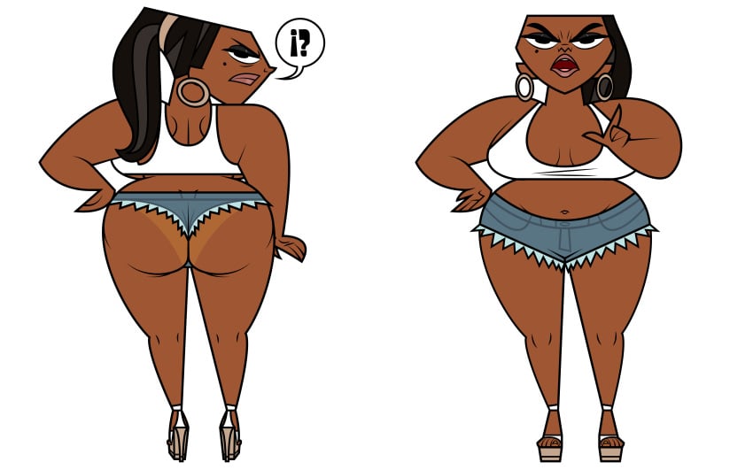 1girls accurate_art_style angry ass back_view bare_midriff big_ass big_breasts black_hair bubble_butt busty chubby chubby_female cleavage crop_top curvaceous curvy daisy_dukes dark-skinned_female dark_skin denim_shorts earrings eyeshadow female female_only front_view full_body high_heels hoop_earrings jean_shorts jk94 large_breasts leshawna_(tdi) lipstick long_hair looking_at_viewer looking_back navel ponytail rear_view short_shorts skimpy skimpy_clothes solo tagme tan tan_body tan_skin tank_top tanline total_drama_(series) total_drama_island voluptuous voluptuous_female white_background wide_hips