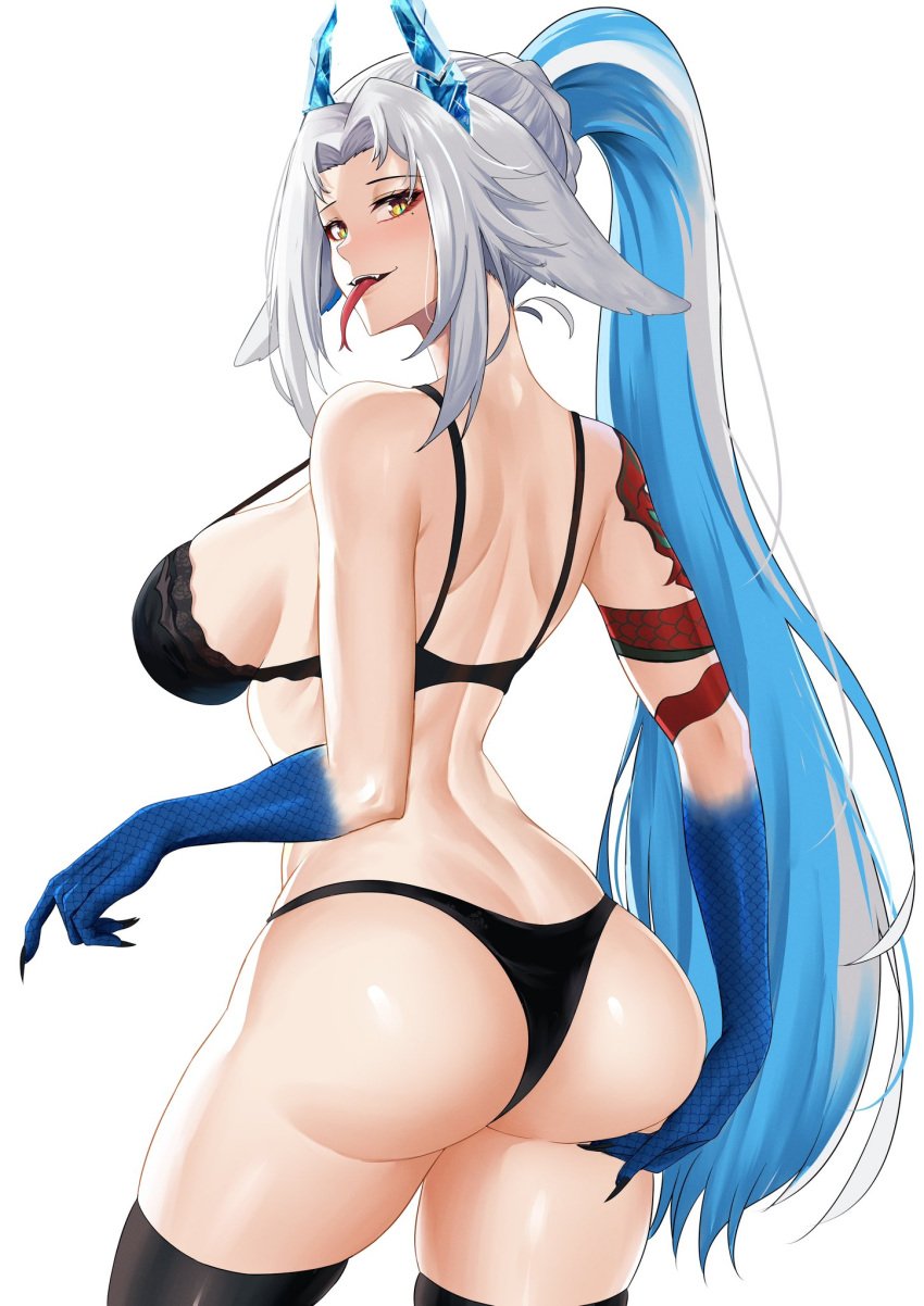 1girls ass black_bra black_panties blue_hair bra breasts deroo dragon_ears dragon_girl dragon_horns dragon_scales female female_only horns huge_breasts indie_virtual_youtuber inviting light-skinned_female light_skin lingerie long_tongue looking_at_viewer monster_girl panties ponytail ray_hime scales seductive sideboob solo tattoo tattooed_arm tongue tongue_out two_tone_hair underwear virtual_youtuber white_hair yellow_eyes