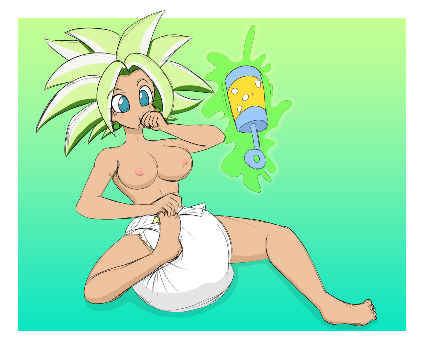 1girls big_breasts breasts diaper diaper_fetish dragon_ball dragon_ball_super dragon_ball_z drooling female green_hair kefla nipples pinkabdl solo sucking_thumb