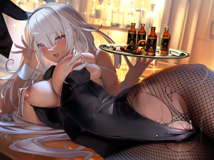 1girls :d absurdres alcohol animal_ears big_breasts black_leotard black_necktie blurry blurry_background blush breasts bunny_ears bunnysuit dark-skinned_female depth_of_field detached_collar fake_animal_ears female fishnet_pantyhose fishnets hair_between_eyes highres holding holding_tray hourglass_figure huge_nipples indoors kaede_(sayappa) large_breasts leotard leotard_pull long_hair looking_at_viewer lying necktie no_bra no_panties on_side original pantyhose pink_eyes playboy_bunny pussy_juice rabbit_ears saliva saliva_trail sidelocks skindentation slim_waist smile solo sparkle strap_pull sweat tan teeth thick_thighs torn_clothes torn_pantyhose tray upper_teeth_only very_long_hair white_hair wide_hips wrist_cuffs