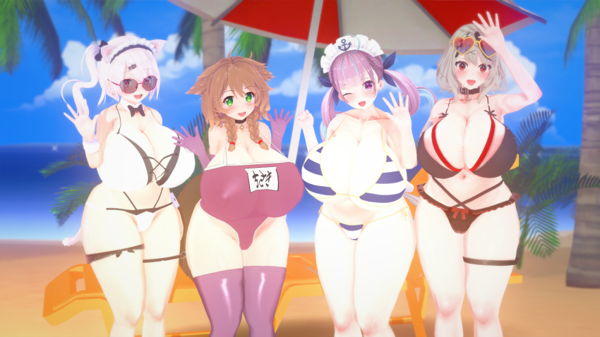 3d 4girls areolae beach bikini blue_hair breasts_bigger_than_head crossover curvy gigantic_breasts gray_hair green_hair hololive holox huge_breasts koikatsu looking_at_viewer minato_aqua multicolored_hair nijisanji plump sakamata_chloe shiina_yuika side_ponytail sunglasses sunglasses_on_head swimsuit thick_thighs thighhighs virtual_youtuber vtuber warabeda_meiji warabeda_meijii white_hair wide_hips