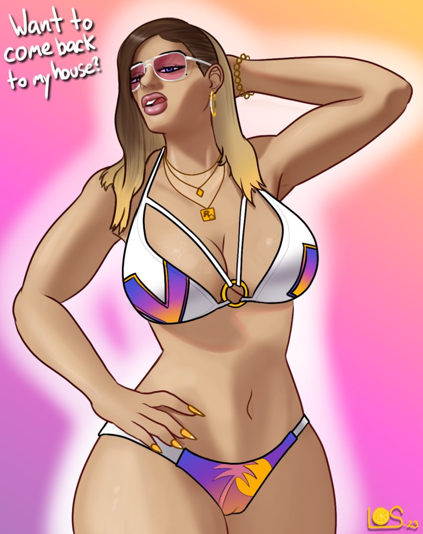 blonde_hair brown_hair caucasian caucasian_female dyed_hair gradient_background grand_theft_auto_vi grand_theft_auto_vi_cover_girl jewelry large_breasts large_lips lemonsqueeze lipstick necklace propositioning purple_eyes sunglasses sunglasses_on_head swimsuit swimwear thick_thighs